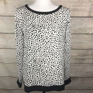 NWT LOFT blouse black and white spotted print top rear zip animal print